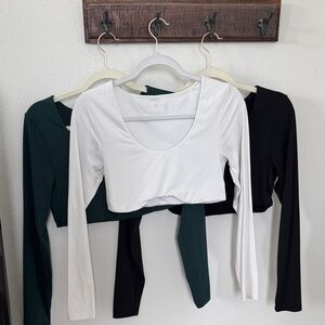 Ribbed Long Sleeve Scoop Crop Top - White